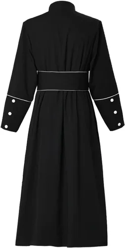 Vista 3 de Disfraz de sacerdote para hombre, bata de sotana romana con cuello alto y cinturón, Negro