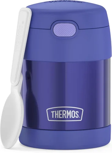Vista 5 de THERMOS FUNTAINER - Tarro de comida para niños aislado al vacío de acero inoxidable de 10 onzas con cucharas plegables, azul marino y morado