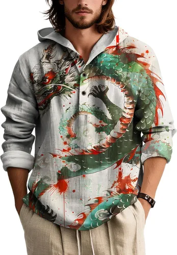 Vista 7 de Sudadera con capucha con estampado novedoso para hombre, multiestilo, manga larga, casual, con botones de un cuarto