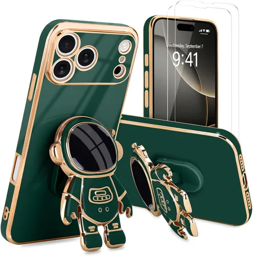 Vista 80 de Pepmune - Funda para iPhone 15 con soporte de astronauta 3D, color negro [2 Screen Protector], Luxury Electroplated Soft TPU Cover with Kickstand