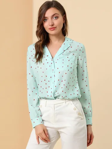 Vista 3 de Allegra K Camisa con cuello en V y solapa con muescas y botones para mujer