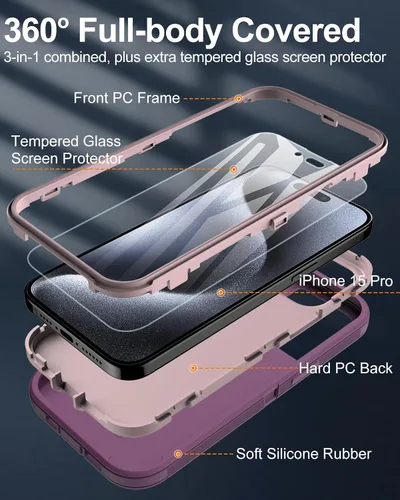 Vista 4 de Funda para iPhone 15 Pro con protector de pantalla de vidrio templado, protección contra caídas de 16 pies, con cubierta de puerto a prueba
