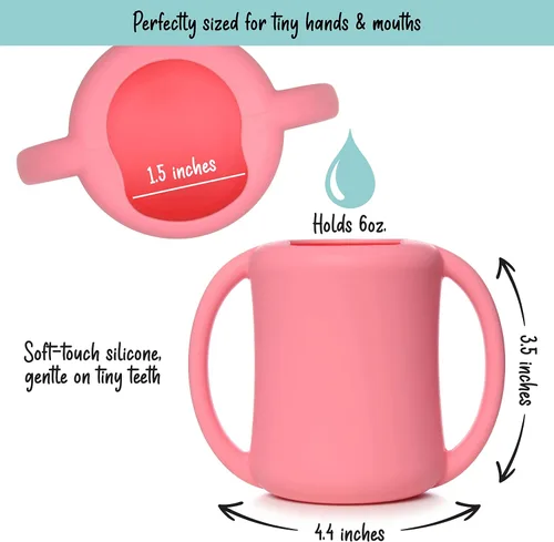 Vista 3 de PrimaStella Taza de entrenamiento de silicona para bebés y niños pequeños con asas (coral)