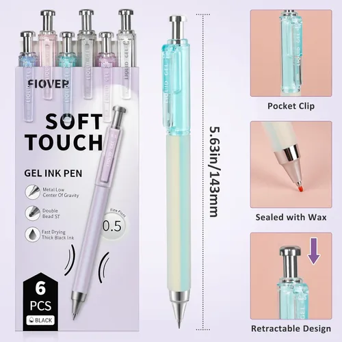 Vista 6 de FIOVER Bolígrafos de gel, 6 bolígrafos de tinta negra de secado rápido de 0.020 in, bolígrafos de escritura suave de punta fina, retráctiles