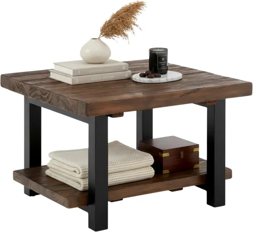 Vista 15 de Alaterre Furniture Pomona - Mesa auxiliar de madera maciza de 2 niveles con acabado natural y patas de metal, decoración moderna de granja o Marrón