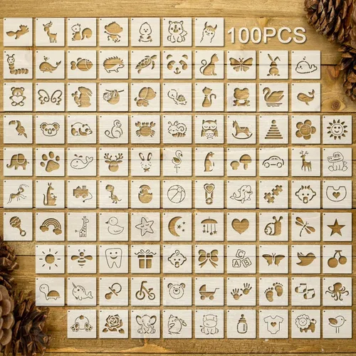 Vista 21 de 100 plantillas para pintar en madera, plantillas reutilizables para manualidades, plantillas de dibujo, papel de pared festivo para bricolaje, álbum