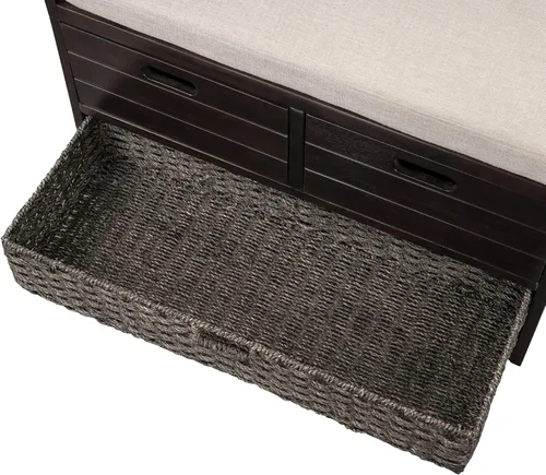 Vista 8 de SOFTSEA Banco de Almacenamiento Tapizado, Otomana de Almacenamiento con Cesta Removible y 2 Cajones, Banco de Zapatos de Estilo Granja con Cojín