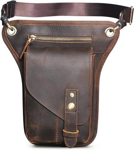 Vista 2 de Le'aokuu Riñonera táctica de piel auténtica para hombre, con cintura para pierna caída, muslo, cruzada, 211-6, Marrón
