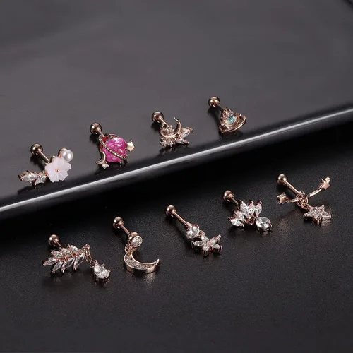 Vista 2 de JOERICA 9 aretes de cartílago para mujer, acero inoxidable 316L, chapados en oro, circonia cúbica, colgantes, hélix, tragus, cartílago, piercing