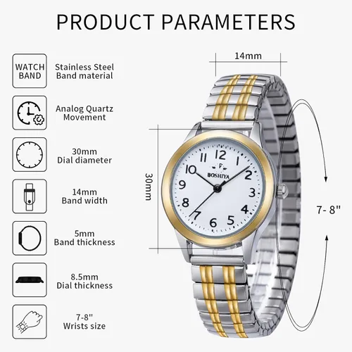 Vista 2 de BOSHIYA Reloj con banda elástica para mujer Easy Reader de 1.181 in analógico de cuarzo con correa elástica de acero inoxidable, impermeable, reloj