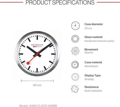 Vista 4 de Mondaine - Reloj de pared - A995.Clock.16SBB - Esfera blanca grande - Relojes de pared - Hecho en Suiza