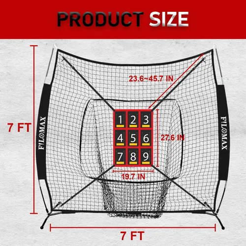 Vista 3 de Red de práctica de béisbol y sóftbol de 7 x 7 pies con 9 zonas de ataque numeradas Red de entrenamiento profesional para pegar, lanzar y batear