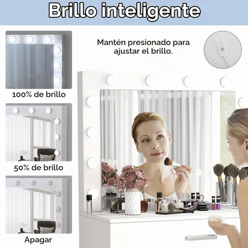 Vista 2 de Vabches Tocador de maquillaje con luces, Mesa tocador de maquillaje, Brillo ajustable, Cajón grande tocador resistente para dormitorio estudio