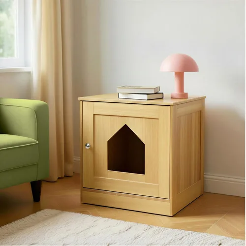 Vista 4 de Amazon Basics Caja de arena para gatos estilo mobiliario, roble
