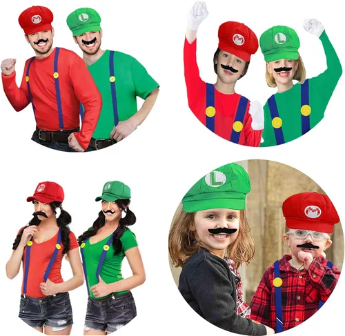Vista 6 de PUVKVE Super Brothers - Sombrero de fontanero para niños y adultos, disfraz de Bros Gorras Videojuego Maleo Juego de rol Cosplay Halloween