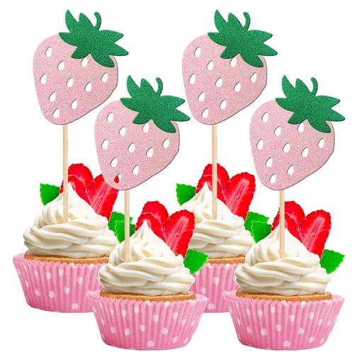 Vista 26 de 24 piezas de adornos para cupcakes de fresa, purpurina roja, temas de frutas, bayas y fresas, para verano, dulces, baby shower, fiesta