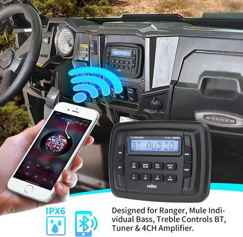 Vista 2 de Velex Powersport Radio estéreo marina AM FM sintonizador estéreo 4 x 45 W Bluetooth Streaming UTV ATV