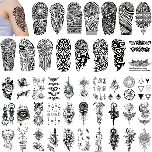 Vista 8 de GLARYYEARS Tatuaje temporal para hombres, paquete de 48 12 tatuajes falsos grandes, 36 pequeños tatuajes falsos, calcomanías realistas de larga
