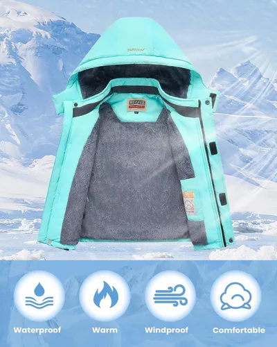 Vista 4 de WULFUL - Chaqueta impermeable de esquí para niño, con capucha, forro polar cálido, abrigo de nieve para el invierno Agua