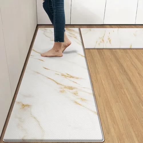 Vista 9 de Arttown - Juego de 2 tapetes antifatiga para cocina de mármol negro y oro, tapete acolchado impermeable y antideslizante y alfombra de espuma