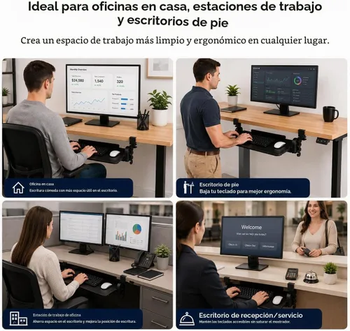 Vista 8 de Bandeja ergonómica para teclado debajo del escritorio con abrazadera deslizante (negro)