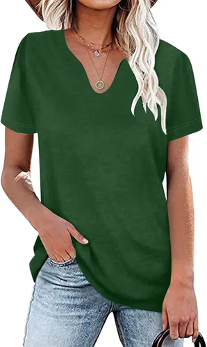 Vista 2 de Túnica de manga larga para mujer, casual, cuello en V, suave, plisada, con botones, informal, (verde, XXL)