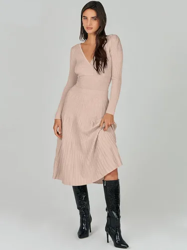 Vista 5 de ANRABESS Vestido midi cruzado tipo suéter para mujer, manga larga, cuello en V, cintura alta, acanalado, plisado, vestido acampanado