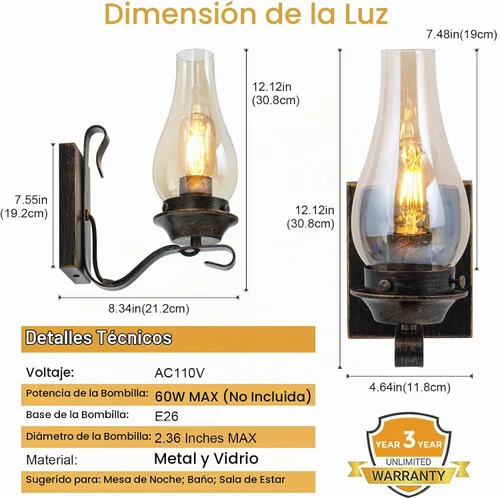 Vista 5 de Yisuro Aplique de Pared con Cable, Aplique de Pared de Bronce Cepillado con Cable para Interior, Lámparas de Pared Retro Rústicas con Vidrio Ámbar
