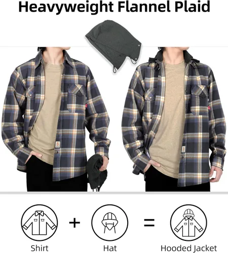 Vista 6 de BOCOMAL Camisas con capucha FR, camisas de franela a cuadros, con botones, resistentes al fuego, camisas de franela resistentes a la llama, chaqueta