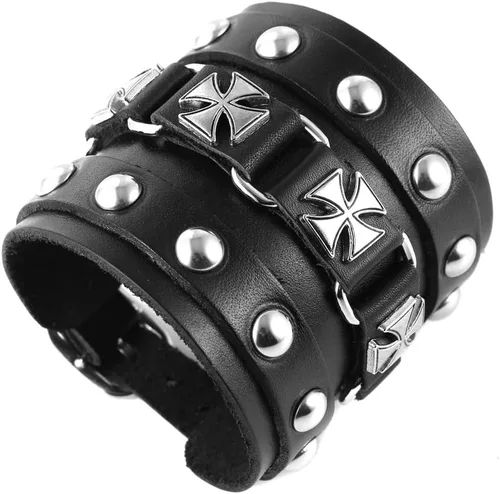 Vista 3 de STWTR Pulsera de cuero para hombre estilo punk rock, brazalete ancho tipo cinturón de motocicleta
