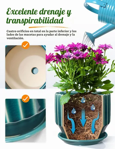 Vista 4 de AISBUGUR Macetas de cerámica de 6 pulgadas para plantas de interior, juego de 2 macetas de diseño único de esmalte agrietado con orificio de drenaje