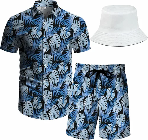 Vista 18 de RPOVIG Conjunto de playa a juego con camisas y pantalones cortos para hombre, ropa floral hawaiana para festival, conjuntos de 2 piezas con sombrero
