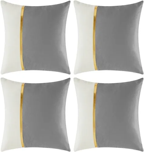 Vista 16 de Fancy Homi Paquete de 4 fundas de almohada decorativas para sala de estar, sofá cama, retazos de terciopelo con cuero dorado, decoración moderna