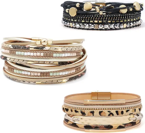 Vista 17 de Wowanoo - Juego de 3 pulseras de cuero de varias capas con cierre magnético para mujer, con cristales, ramas de árbol pulseras para mujer.