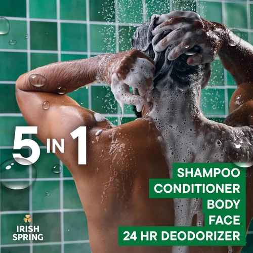Vista 3 de Irish Spring Gel de baño hidratante 5 en 1 para hombres, champú, acondicionador, lavado corporal y facial, y desodorante 24 horas, sin parabenos