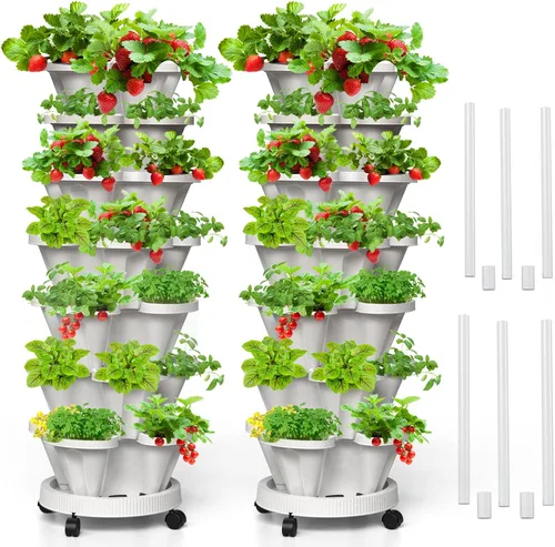 Vista 29 de Macetas verticales de fresa, paquete de 2 unidades, torre apilable de 5 niveles con poste de soporte, macetas apilables para hierbas y verduras