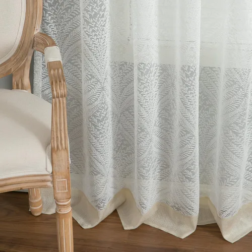 Vista 3 de VOGOL Cortinas transparentes con patrón de hojas bordadas, paneles de ventana blancos con ribete de encaje para sala de estar y dormitorio, cortinas