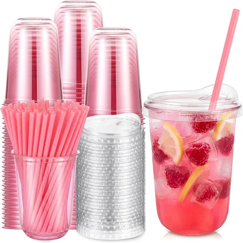 Vista 9 de Ziliny 25 juegos de vasos de plástico con pajitas y tapas de corazón rosa