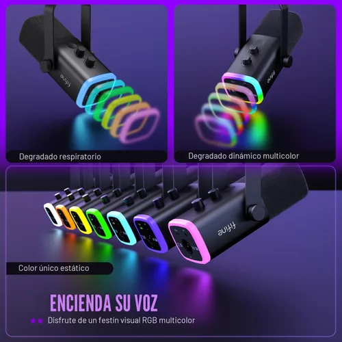 Vista 5 de FIFINE - Micrófono dinámico XLR/USB para podcasts, de transmisión de juegos con luz RGB, botón de silencio, conector para auriculares, soporte