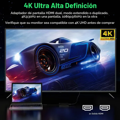Vista 7 de Minthouz Divisor HDMI para monitores duales, adaptador universal de gráficos de video para Thunderbolt 5/4/3, USB 4, USB-A/C, Mac y Windows, USB-C a