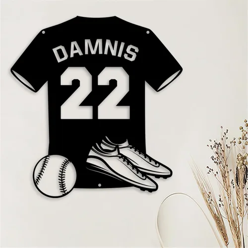 Vista 2 de Letrero de metal de béisbol personalizado con luz LED, nombre de camiseta de béisbol personalizable, número, decoración de pared, regalo para casco