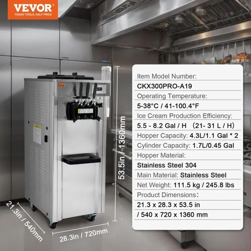 Vista 2 de Máquina comercial de helado de servicio suave de 1850 W, 3 sabores, 5.5-8.2 galones/hora, limpieza automática, panel LCD, acero inoxidable