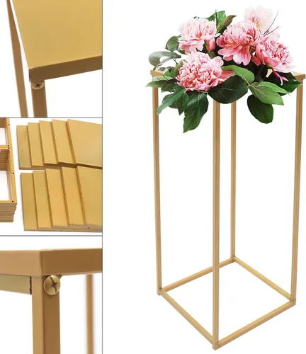 Vista 4 de 10 Uds. Florero de piso de flores, columna de metal, arreglo floral, estante de exhibición de mesa dorado, telón de fondo floral para centro de mesa