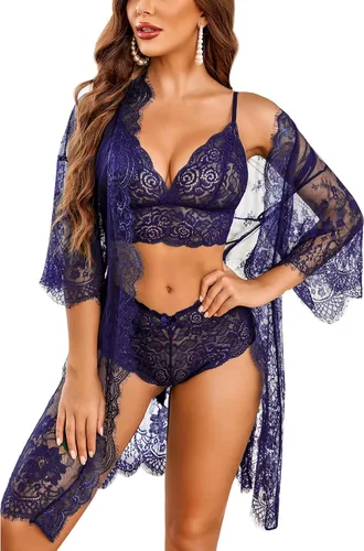 Vista 21 de Avidlove Conjunto de lencería de 3 piezas para mujer, bata de encaje Negro
