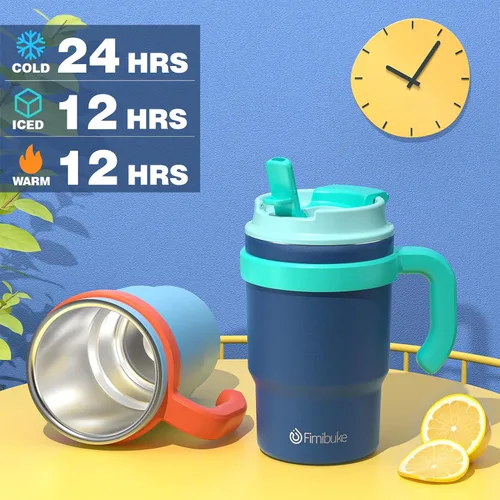 Vista 6 de Fimibuke Taza térmica para niños con asa y pajita - 16 oz Vaso a prueba de fugas para niños pequeños con tapa 2-en-1 de sorbo/trago, sin BPA
