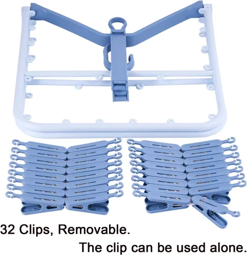 Vista 4 de Foshine Perchas plegables con clip, color azul, con 32 clips de secado, gancho a prueba de viento para ropa interior, calcetines, brasieres, ropa