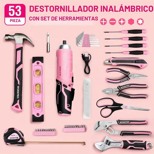 Vista 4 de WORKPRO - Juego de herramientas rosa de 53 piezas con destornillador inalámbrico y bolsa de herramientas