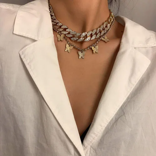 Vista 2 de Denifery - Collar con cadena de eslabones cubanos con mariposa gargantilla con colgante para mujer hip hop gargantilla punk joyería para mujeres
