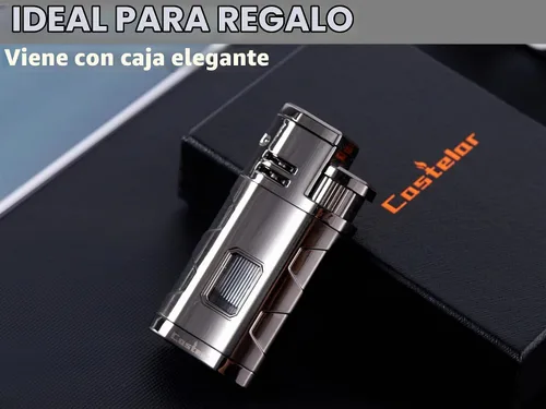 Vista 6 de Castelar Encendedor de cigarrillos de triple llama resistente al viento, recargable de butano con soporte de apoyo, butano no incluido