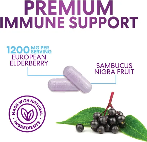 Vista 3 de Extracto de fruta de saúco europeo de 1200 mg por porción cápsulas – Sambucus apoyo inmunológico con extracto concentrado de saúco negro de sambucus